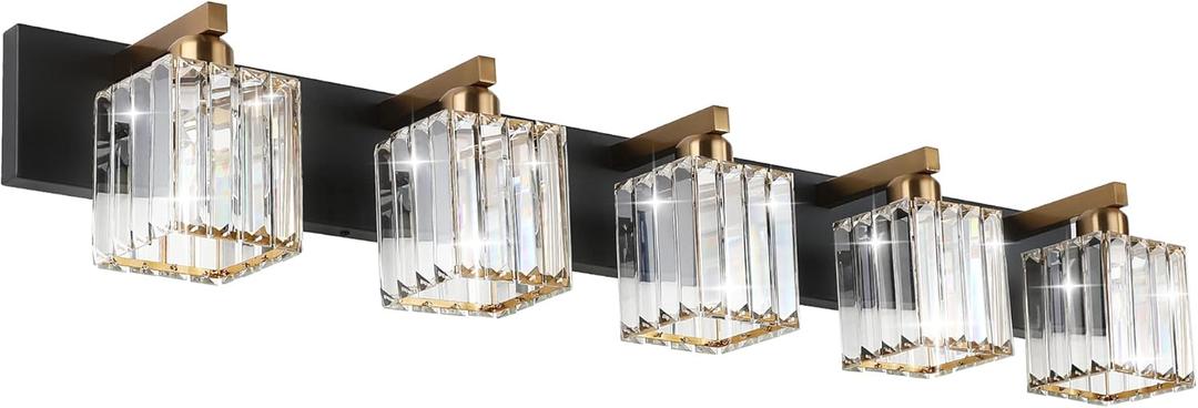 Aipsun Modern Vanity Light Bathroom Lighting Fixtures 5 Light Crystal Bathroom Vanity Light Fixtures (Exclude Bulb) (40 inch, Black Gold)