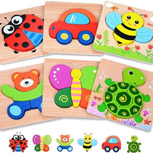 2 Packet. MAGIFIRE Wooden Puzzles 12-18 Months - Multicolor Set of 6 Animal & Vehicle Shapes with Storage Bag - Montessori Chunky Puzzles for Toddlers Ages 1-3 & Hand-Eye Coordination