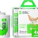 EBL D Cell Batteries 10,000mAh Ultra Pro Ni-MH Rechargeable D Batteries, 4-Pack