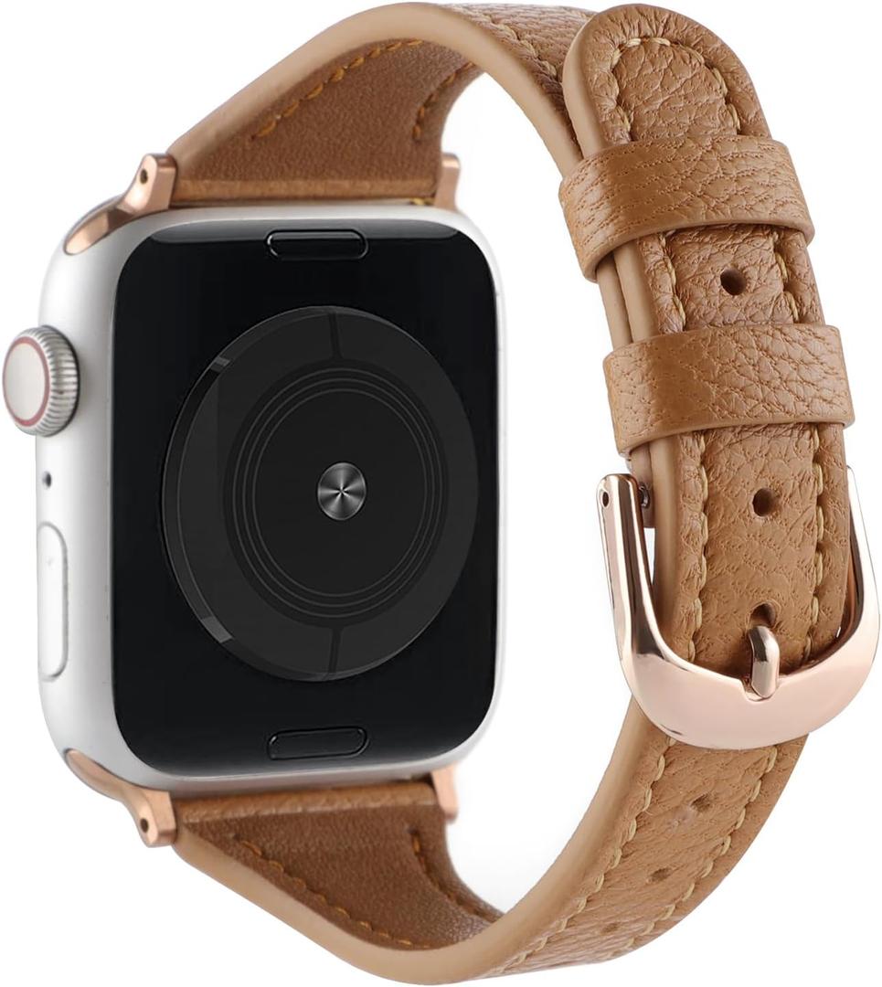 Premium Leather Strap Compatible with Apple Watch Series 11/10/9/8/SE, Soft Genuine Leather Camel Watch Band for Women and Men, 38/40/41/42mm