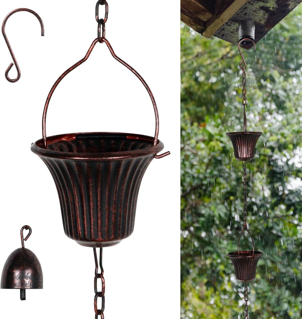 Invech Adjustable Rain Chains for Gutters, 12.5FT Outside Rain Chains with 12 Cups, Bronze Rain Catcher Chain with Bell for Eaves Drainage, Replacement for Downpout