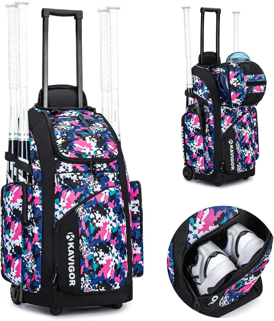 Rolling Baseball Bag with Wheels, 60L Capacity Softball Bag Holds 4 Bats for Boys and Girls, Youth Equipment Bag with Shoe Compartment (Pink Camo)