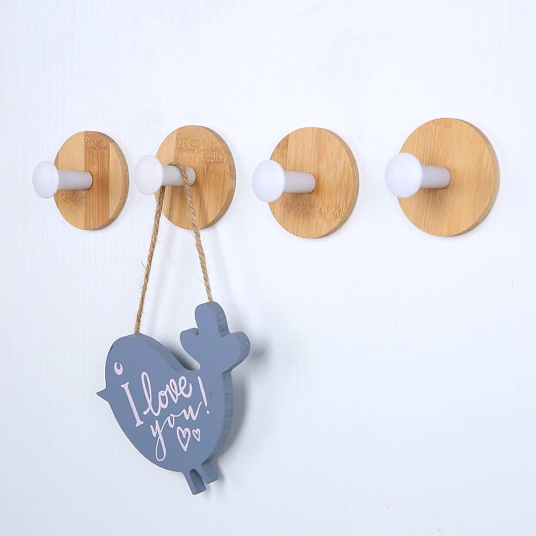 4pack Decorative Wood Wall Hook Coat Hooks for Hanging Adhesive Waterproof Wall Hook Clothes Bag Key Hanger Hook Bedroom Kitchen Bathroom Door Robe Towel Hooks-White