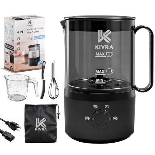 KIVRA Milk Frother and Steamer 350ml | 4 Mode cold foam maker for Hot and Cold Drinks | Durable Non Stick Milk Frother for Coffee Lovers – Includes 1x Whisk, Measuring Cup, String Bag & Brush