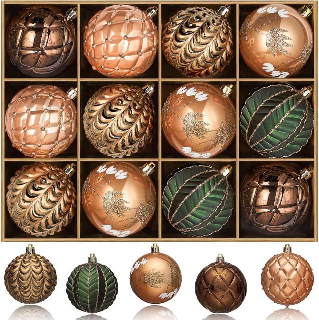 JORNOY Christmas Tree Ornaments Set of 12, 3.15inch/80MM Shatterproof Plastic Xmas Tree Ball Ornaments Bulk Decorative Hanging Baubles for Xmas Tree Decor Holiday Party Decorations, Earth Tone
