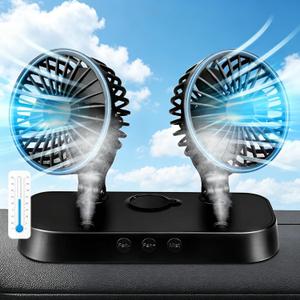 Car Fan, Dual Head USB Fan with Mist Function, Portable 12V Cooling Fan for Vehicle, 360° Multi-Angle Rotatable & 2 Speeds, Delivers Strong Airflow for Truck, SUV, RV & More