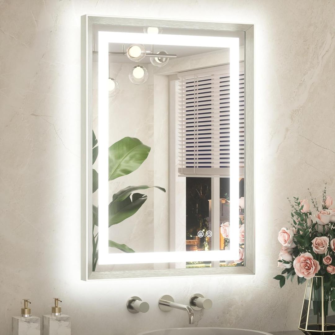 TETOTE 22 x 30 Bathroom LED Mirror Brushed Nickel Metal Frame Frontlit & Backlit Vanity Mirror Anti-Fog Stepless Dimmable 3 Colors White/Warm/Natural Mirror with Lights Wall-Mounted