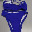 Women's Ruffle Bikini Set 2 Piece Swimsuit, Smocked Bandeau Top, High Waisted Bottom, Cheeky Coverage (Blue, L)