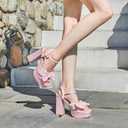 KHPAERMEI Bow Knot Platform Heels for Women Fashion Open Toe Chunky Heeled Sandals Ankle Strap Wedding Party Dress High Heels (Pink) 9