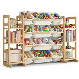 Kiddocood Kids Toy Storage Organizer with 12 Bins, 100% Solid Wood - Natural Finish Montessori Toy Organizer, BPA Free, CPC & TIC Certified Playroom Organization for Living Room & Nursery, 52.3"