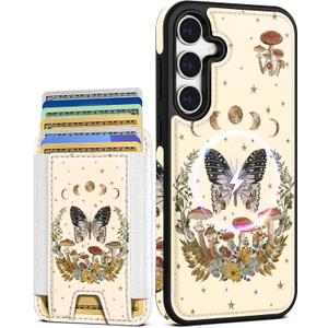 Shorogyt for Samsung Galaxy S25 Cute Kawaii Leather Phone Case - Compatible with Magsafe Wallet Magnetic Credit Card Holder Fashion Butterfly Design Phone Cover for Women Girls, Fits 7 Cards