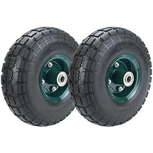 2 Pcs 10" Flat Free Tires Solid Pneumatic Tires Wheels, 4.10/3.50-4 Air Less Tires with 5/8 Center Bearings, for Wheelbarrow/Trolley Dolly/Garden Wagon Carts/Hand Truck/Wheel Barrel/Lawn Mower, 2 Pack