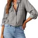 Astylish Women Button Down Denim Shirts Casual Long Sleeve V Neck Chambray Blouse Top (Gray, M)