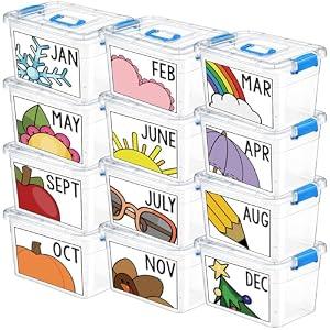 Wesiti 12 Pcs Monthly Classroom Storage Bins, 14 Qt Teacher Must Have Book Boxes with Monthly Stickers Labels, Back to School Classroom Treasure Boxes Organization Container, 12.6 x 8.66 x 7.48 Inches