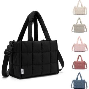 NOL Natural Organic Lifestyle Women's Nylon Lunch Cooler Quilted Tote Bag Puffy Insulated Lunch Bag for Women, Lightweight Waterproof Lunch Box for Work, Picnic, Outdoors,Black