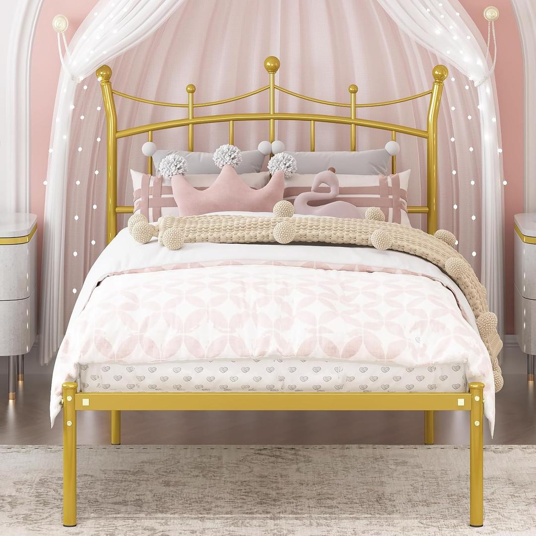 Twin Bed Frames for Kids, Twin Size Bed with Crown-Shaped Headboard Easy Assembly No Box Spring Needed Heavy Duty Metal PlatformGold