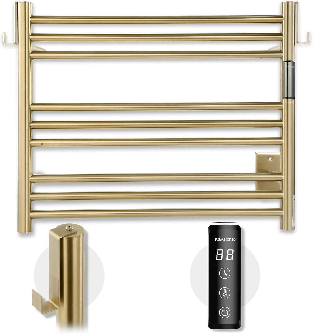 Wall-Mounted 9-Bar Heated Towel Rack, 2-Min Heat, NTC Safety