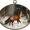 KFXHANGD Winter Fox Oval Wall Art Framed, Rustic Animals Canvas Wall Art Decor, Fox Decorations for Home, Farmhouse Winter Christmas Animals Hanging Decor for Living Room Bathroom, 11.3x8.7 In