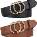 UnFader Pack 2 Women Belts for Jeans with Fashion Double O-Ring Buckle and Faux Leather (S: Fits Waist Size from 25"-30")