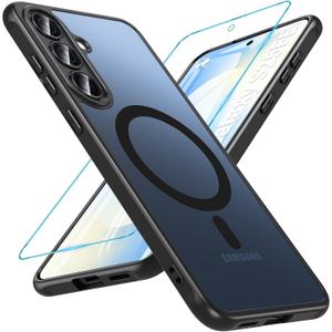 OWKEY for Samsung Galaxy S25 FE Case 6.7'', Magnetic Galaxy S25 FE Case for Magsafe with Tempered Screen Protector [Shockproof Military] Translucent Matte Bumper Phone Cover Samsung S25 FE 5G, Black