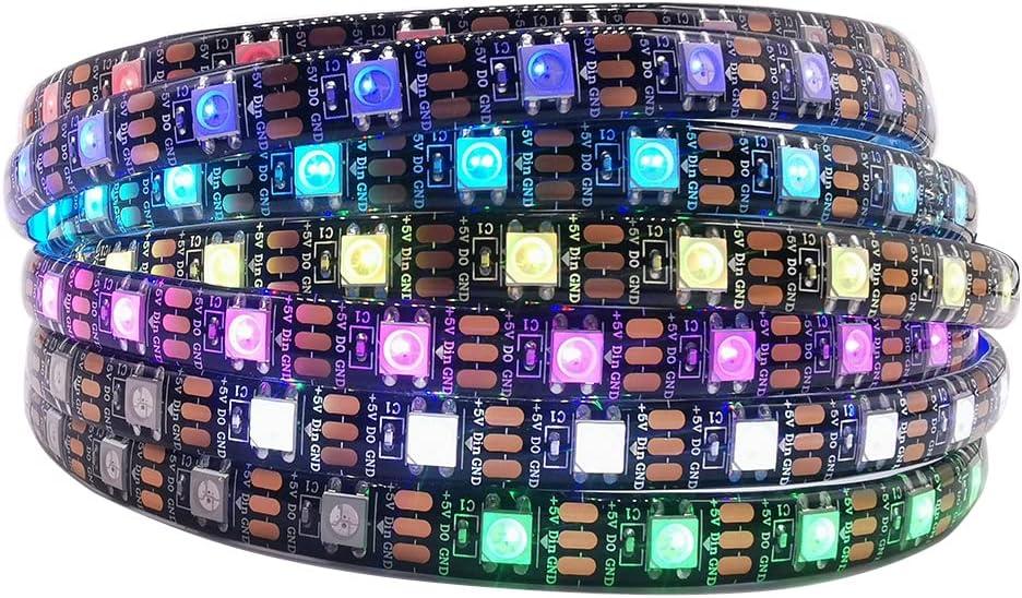 WS2812B IC RGB 5050SMD ECO Individual Addressable LED Strip Light, 16.4FT 300LED 60LED/m Flexible Full Color IP65 Waterproof DC5V Black PCB for DIY Project (No Power Adapter or Controller)