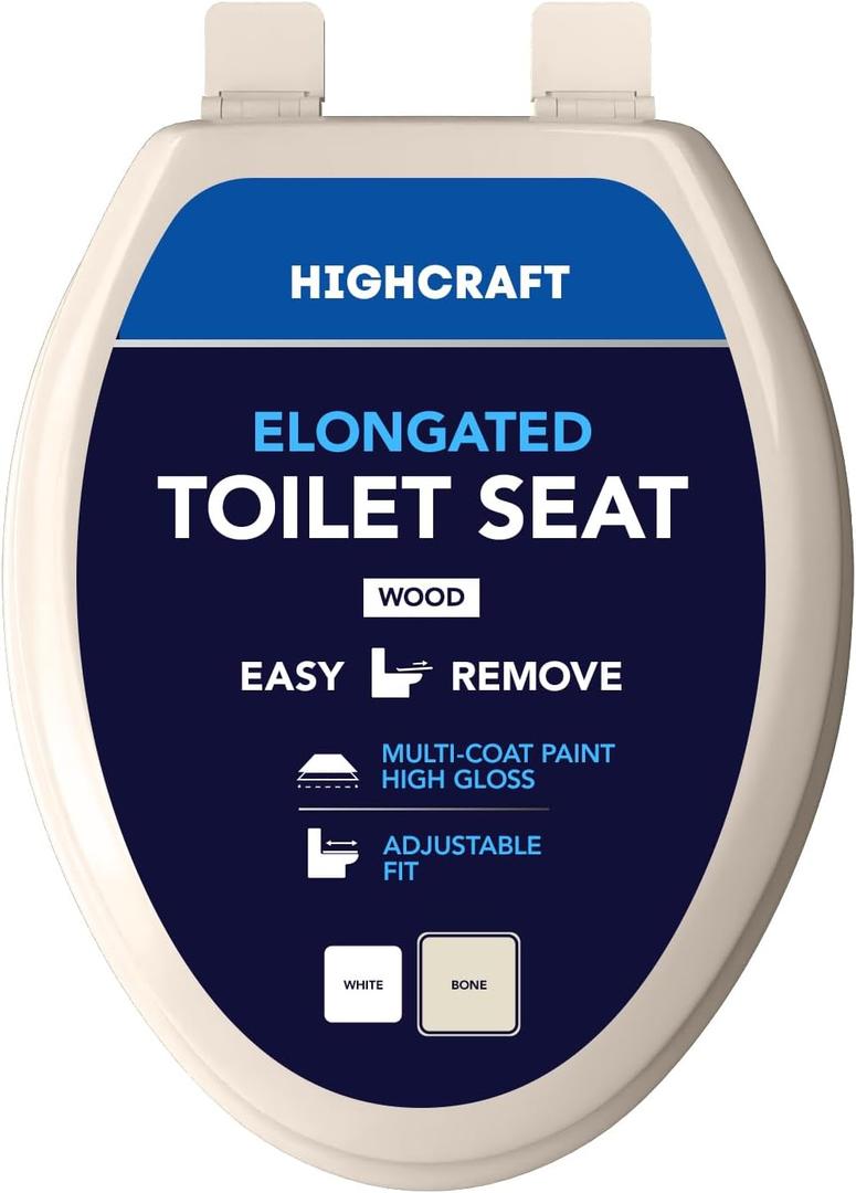 HIGHCRAFT Premium Elongated Toilet Seat with Adjustable Hinges & Quick Removal Mechanism - Molded Wood Toilet Seat - Fits Standard Elongated Toilets - Oval Seat in Bone/Beige