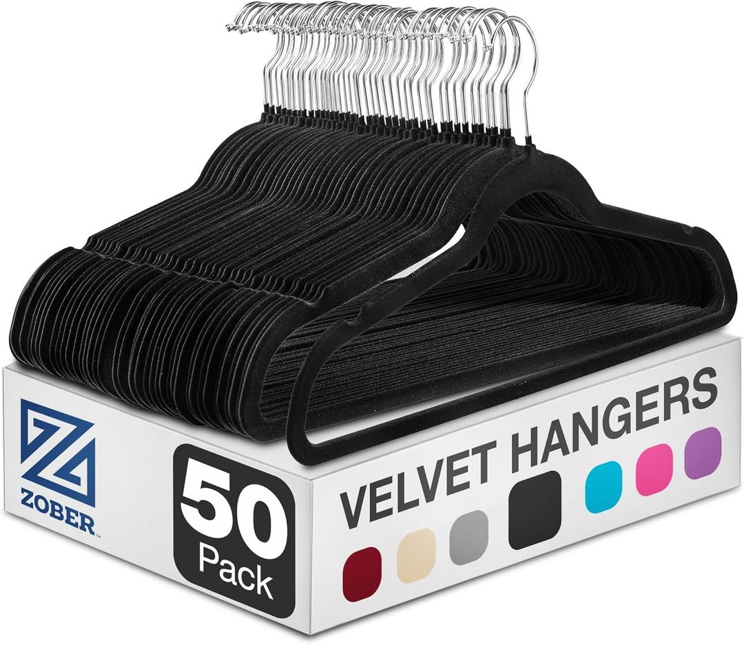 ZOBER Black Velvet Hangers 50 Pack - Clothes Hangers, Coat Hanger for Pants & Dress Clothes - Non Slip w/ 360 Degree Swivel, Holds up to 10 lbs - Strong Felt Hanger for Clothing