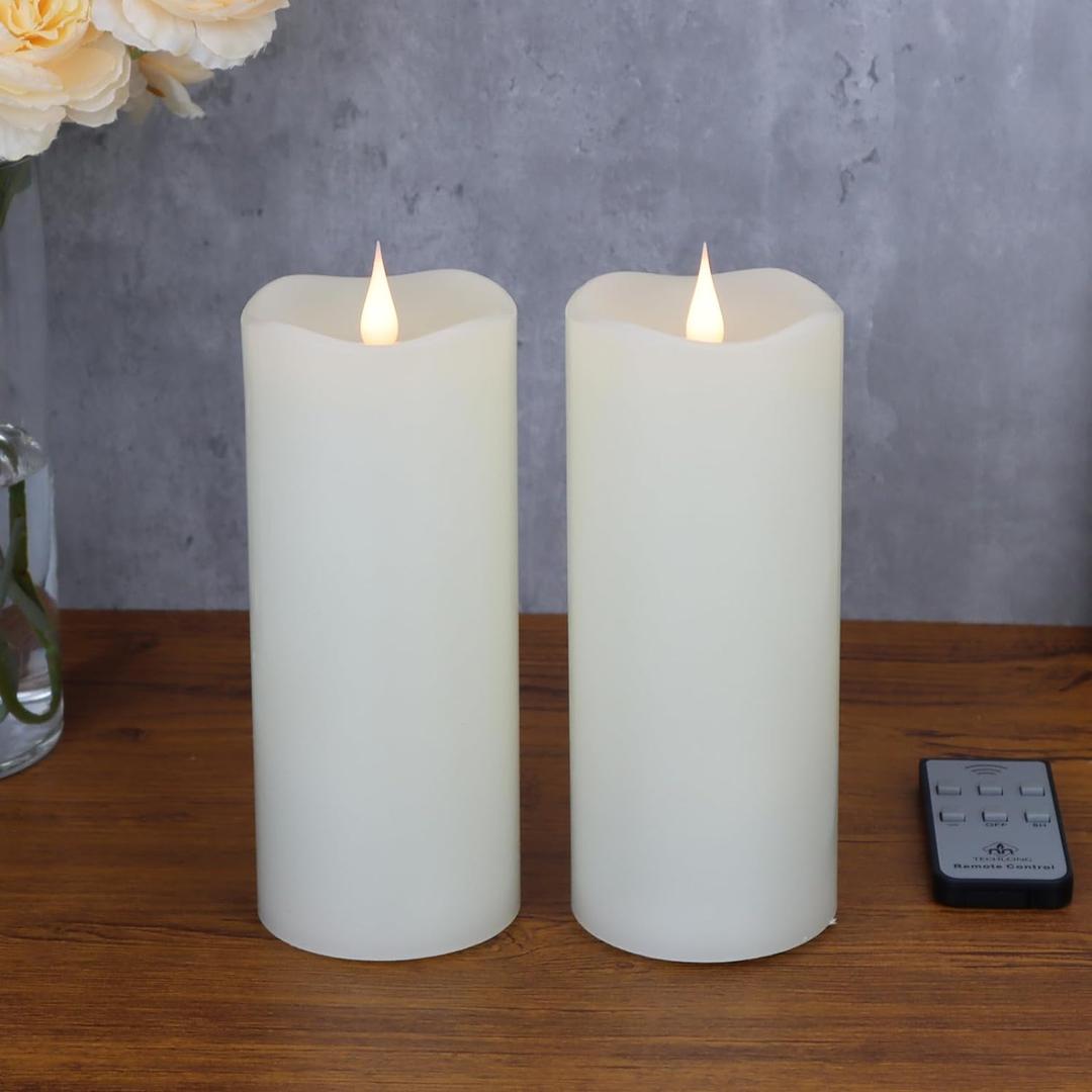 Flameless Candles with Remote Timer, 3D Moving Flickering Flame Battery Operated Candles Lasting 1000+ Hours, 3" x 7" Ivory Real Wax Electric LED Pillar Candles, Set of 2