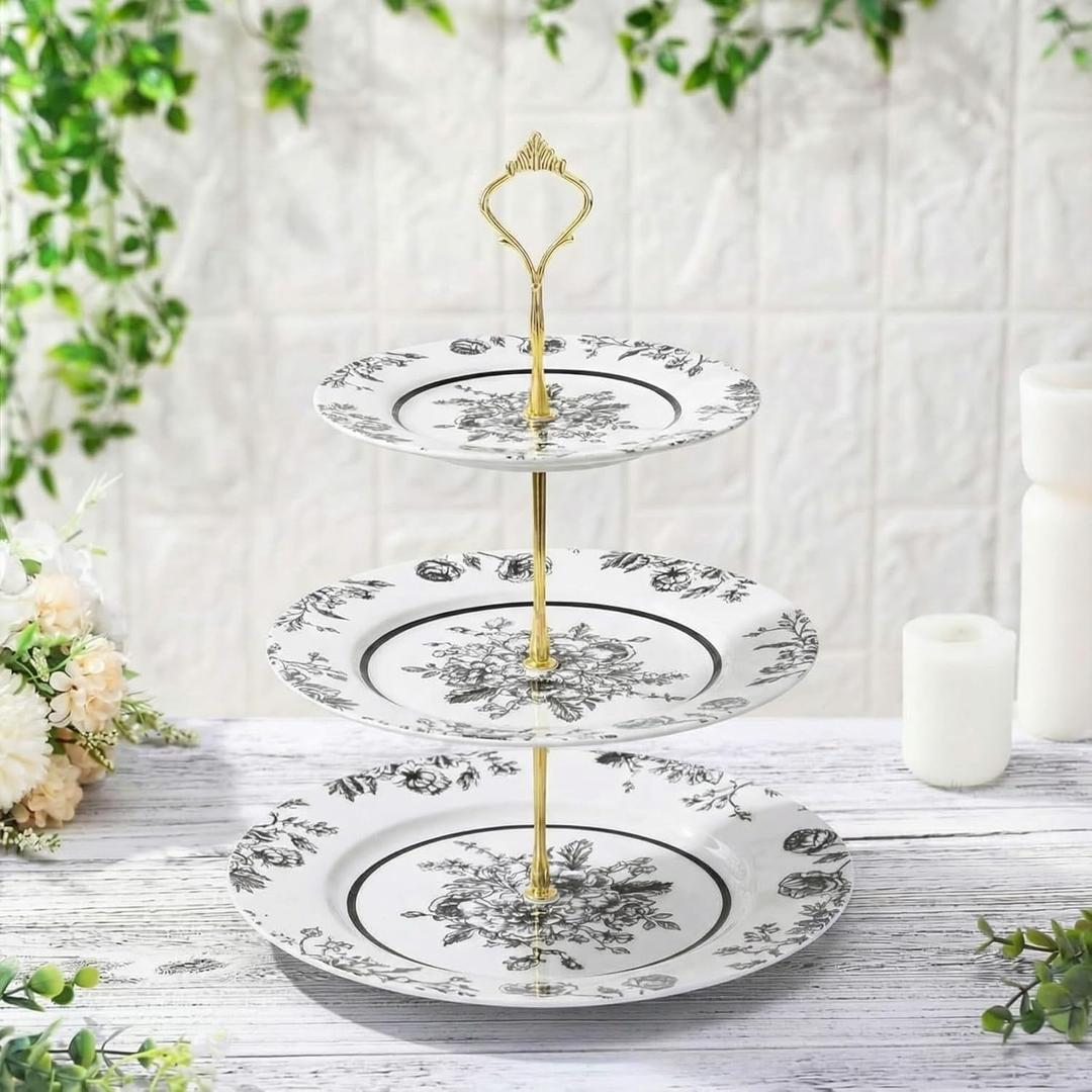 Lallisa Black Floral 3 Tier Dessert Stand 10", 9" and 7" Ceramic Vintage Chinoiserie Tea Party Tiered Tray Cake Stand Display Holder Tower for Halloween Wedding Baby Shower Bridal Shower Tea Party
