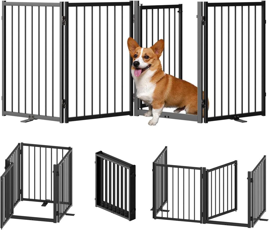 Full Metal Freestanding Dog Gate with Door, 24'' Height Foldable Pet Dog Fence for Indoor & Outdoor, 4 Panels Extra Wide Free Standing SmallDog Gates for Doorways,House,Stairs,Porch,Deck,Yard (4 Panels with Door80"W*24H", Black)
