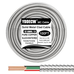 100ft 12/3 Metal Clad (MC) Cable with Ground, 10 Gauge Electric Wire with Aluminum Armor, Solid Bare Copper Conductors for Indoor Outdoor Underground Embedded Installation (12/3, 100 ft)