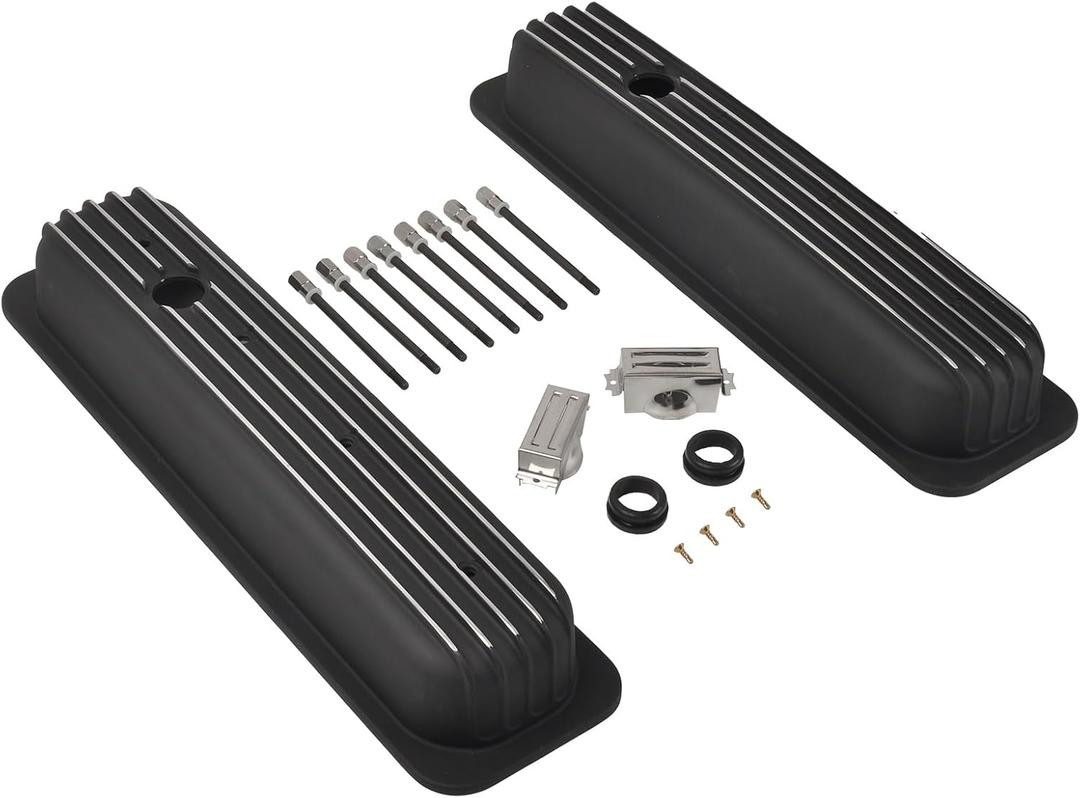 Black Valve Covers Short Style Finned Compatible with Small Block Chevy Retro Vortec 5.0 5.7 350