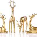 QIANLING 4Pcs Gold Reindeer Figurines Christmas Decorations - Elegant Resin Deer Statues for Tabletop, Mantel, or Shelf, Modern Gold Reindeer Sculpture Ornaments for Home Decor Idea