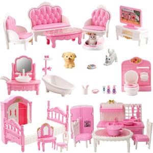 Dollhouse Furniture Set, Complete Room Collection with Kitchen, Dining, Living Room, Bedroom and Bathroom Accessories, Plastic (36-Piece Pink)