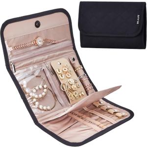 BELALIFE Travel Jewelry Case Organizer, Foldable Storage Roll for Earrings, Necklaces, Rings, Bracelets, Brooches, Black (Medium)