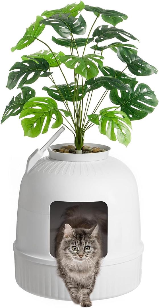 Lifewit Cat Litter Box, Hidden Enclosure Litter Tray with Odor Control & Carbon Filter in Living Room, Bedroom, Corner with Faux Plant& Plastic Scoop, 48 x 120 cm/19x47, White