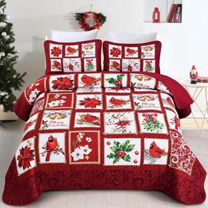 Christmas Quilt Set King Size 3 Pieces Christmas Patchwork Floral Wreaths Cardinals Red Berries Holiday Bedding Sets Red Vanilla Grid Coverlet Bedspread Coverlet with 2 Pillowcases for All Season