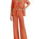 Imily Bela Women's Summer 2 Piece Swimsuit Cover up Crochet Knit Cardigan Tops Long Pants Set Bathing Suit Beach Outfit - Size Large