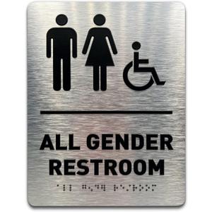 All Gender Restroom Sign by GDS - ADA Compliant, Wheelchair Accessible, Raised Icons, & Grade 2 Braille - Includes Adhesive Strips for Easy Installation - Bathroom Sign, Bathroom Signs for Business, Restroom Signs for Business - 6" W x 8" H (Brushed Aluminum) - Made in USA