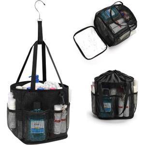 Mesh Shower Caddy Portable for College Dorm Room Essentials, Shower Tote Bag with Hanging Hook and Drawstring, Quick Dry Toiletry Bag with 6 Pockets for Bathroom, Swimming, Gym, Camping, Beach, Travel (Black)