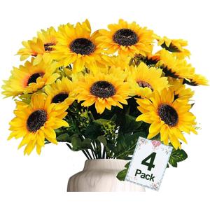 TURNMEON 28Pcs Sunflowers Artificial Flowers for Outdoors Summer Decor, 4 Pack Fake Flowers Silk Faux Sunflower Bouquet Arrangement for Vase Wedding Table Indoor Home Grave Flowers Cemetery Decor