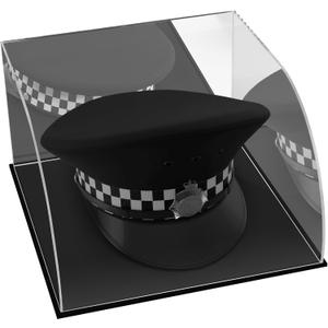 Military Police Hat Display Case Clear Acrylic Hat Display Box with Black Base & Stainless Steel Risers | Acrylic Baseball Cap Holder Stand | Showcase for Military Hats, Sports Caps & Mini Helmets