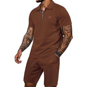 Ryehack Men's 2 Piece Sweatsuits Outfits Jacquard Zip Polo Shirt Sweatshirt Joggers Sweatpants Tracksuit Set (Large, Brown)