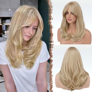 FESHFEN Dirty Blonde Wigs with Bangs, Synthetic Natural Looking Long Layered Straight Hair Wig for Women Daily Party Use, 18 inch