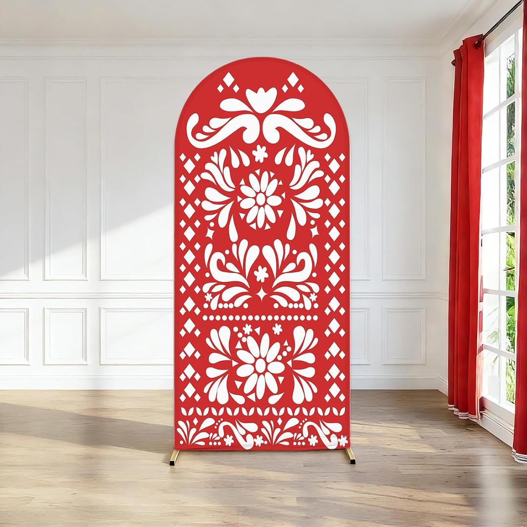 6ft Red Mexican Fiesta Arch Cover Baby Shower Backdrop,2-Sided Round Top Chiara Backdrop Arch Covers for Mexican Wedding Birthday Bridal Shower Party Decoration