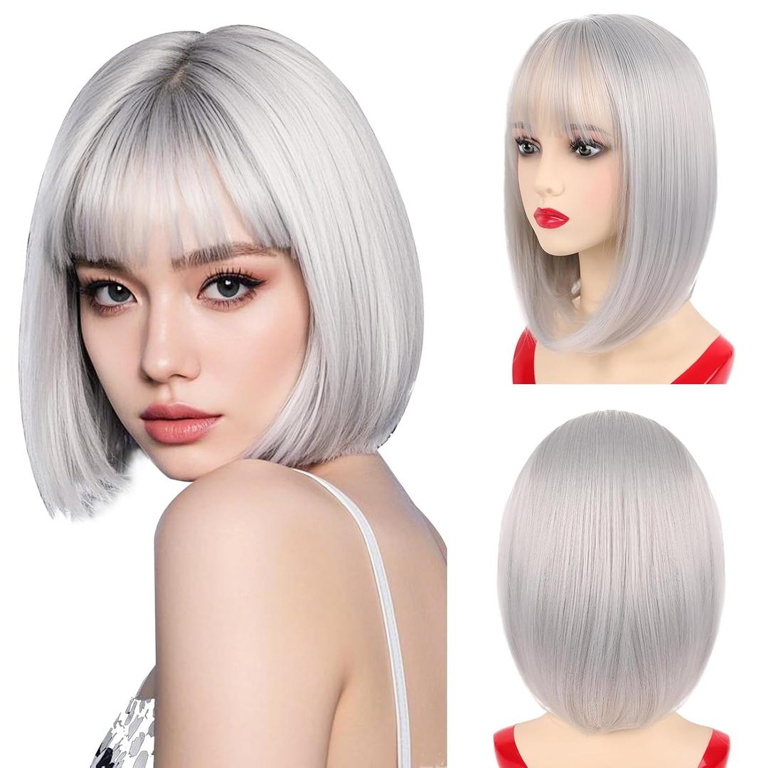 NOTICEME 14 Inch Silver Bob Wig with Bangs, Short Straight Synthetic Heat Resistant Wigs for Women with Adjustable Straps & Wig Cap for Party Cosplay Daily Use