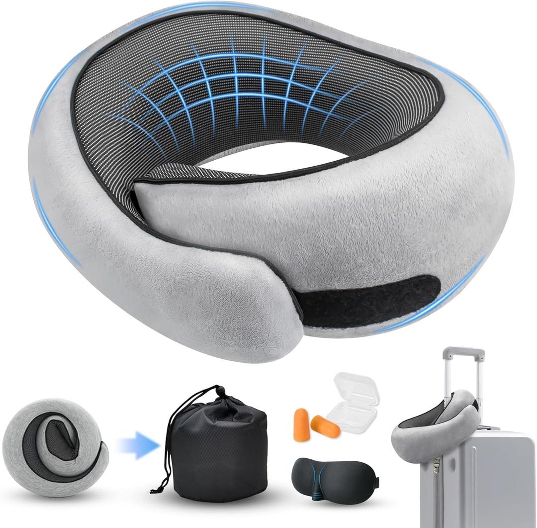 Neck Pillow for Traveling, Travel Pillows for Airplanes 2025 New 100% Pure Memory Foam, Neck Pillow Airplane with 360 Ergonomic Design, Travel Neck Pillows for Airplanes, Office and Car (Grey)