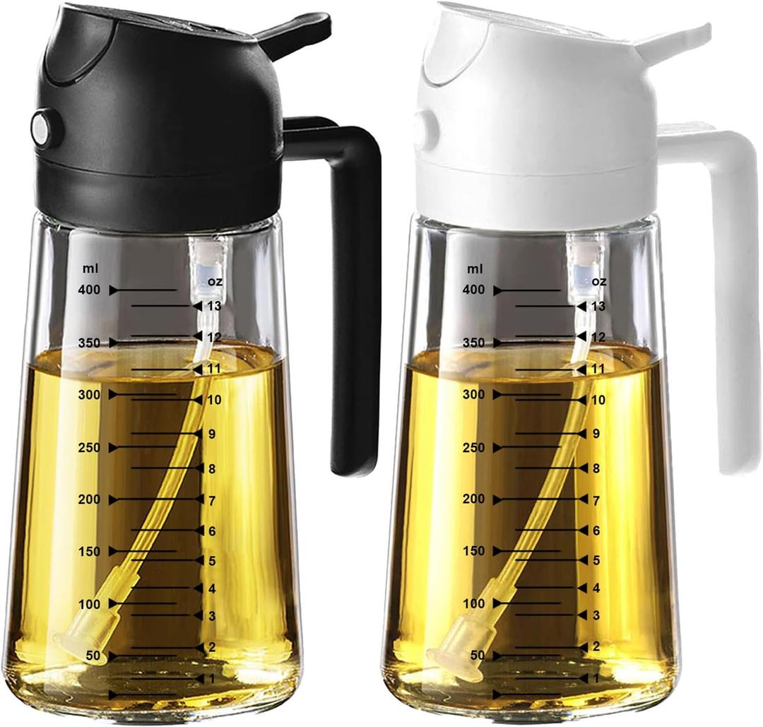 TrendPlain 16oz/470ml Glass Olive Oil Sprayer for Cooking  2 in 1 Olive Oil Dispenser Bottle for Kitchen Gadgets and Air Fryer Accessories, Salad, BBQ - Black & White