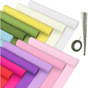 12 Rolls Crepe Paper Rolls 12 Colors Wide Crepe Paper Streamer Assorted Streamers with Floral Stem Wire and Green Floral Tapes for Birthday Party Ornament(Mixed Colors,8 feet x 10 Inch)