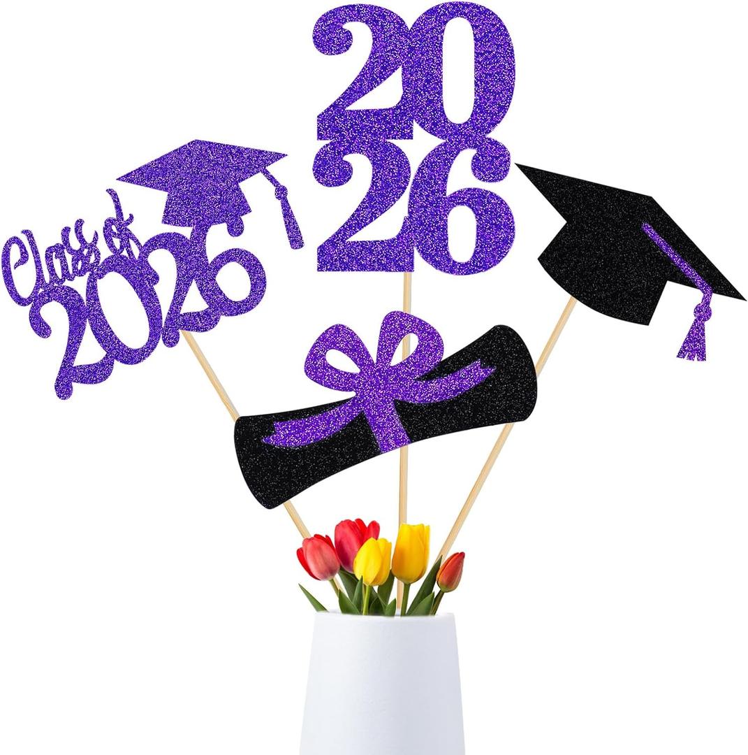 TeePolly 24Pcs 2026 Graduation Table Centerpiece Sticks Purple 2026 Graduation Centerpieces for Tables 2026 Class of 2026 Graduation Party Table Decorations Purple